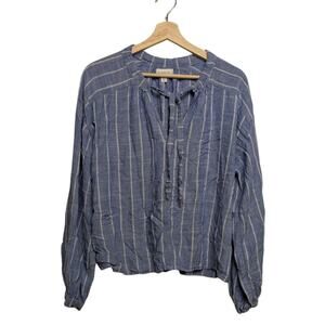 Evereve Tie Neck Blouse Top Blue Vertical White Stripes Flowy Boho Beachy Medium